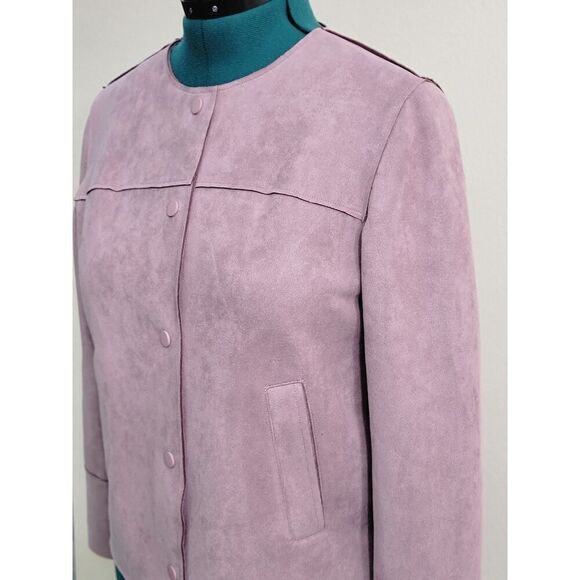 Chico's Faux Scuba Suede Jacket Lavender Button Down W Pocket Soft Size 1 (8/10) - Picture 5 of 10